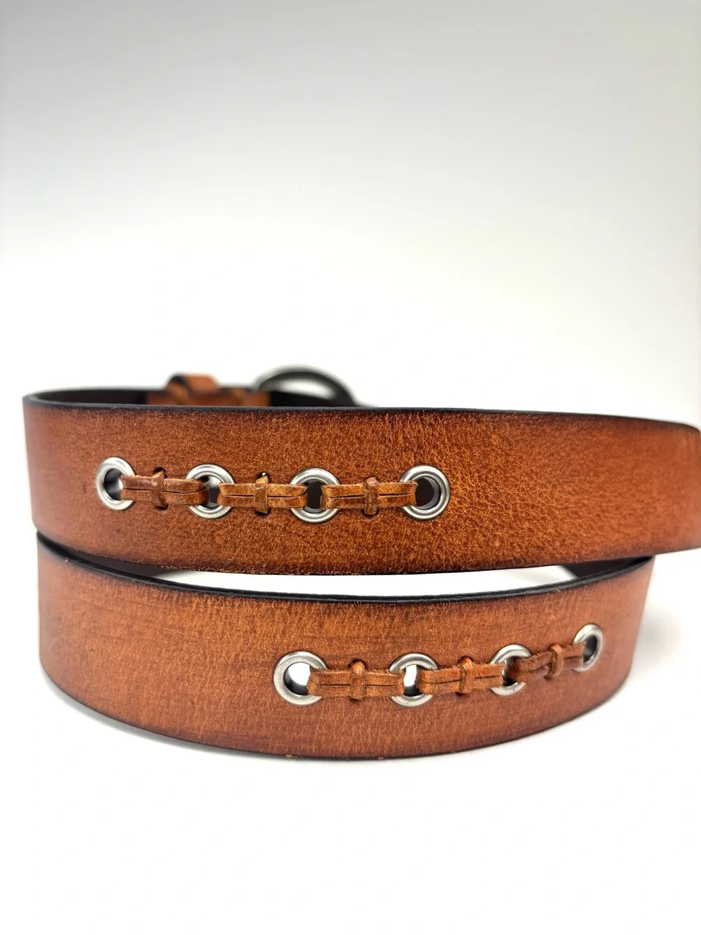 ROLFS Rustic Tan‎ Woven Leather Boho Western Belt Silver Grommets Ring Buckle LG